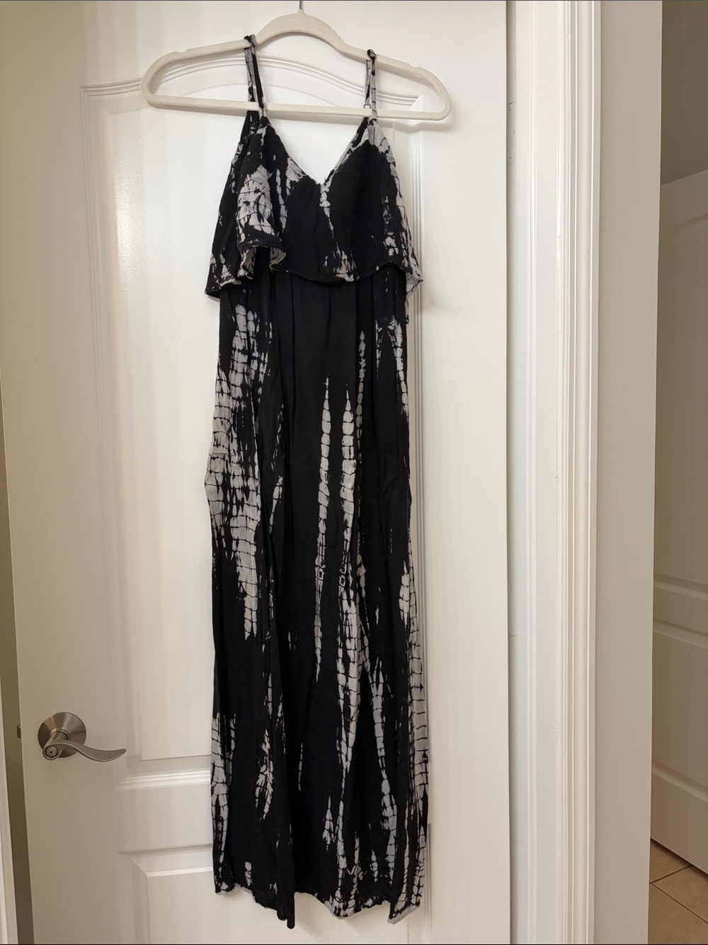 Black & White Tie-Dye Maxi Dress with Ruffle Bodice